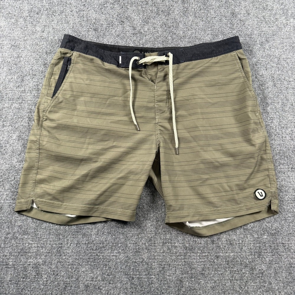 Vuori Cruise Boardshorts Mens 38 Olive Green Striped Performance Swim Trunks